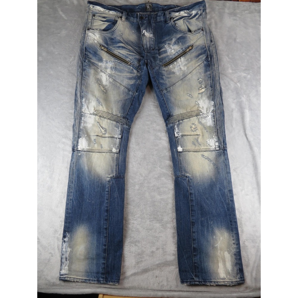 PRPS Jeans Mens 42 Blue Distressed Moto Zipper Biker Denim Straight Leg Pants‎